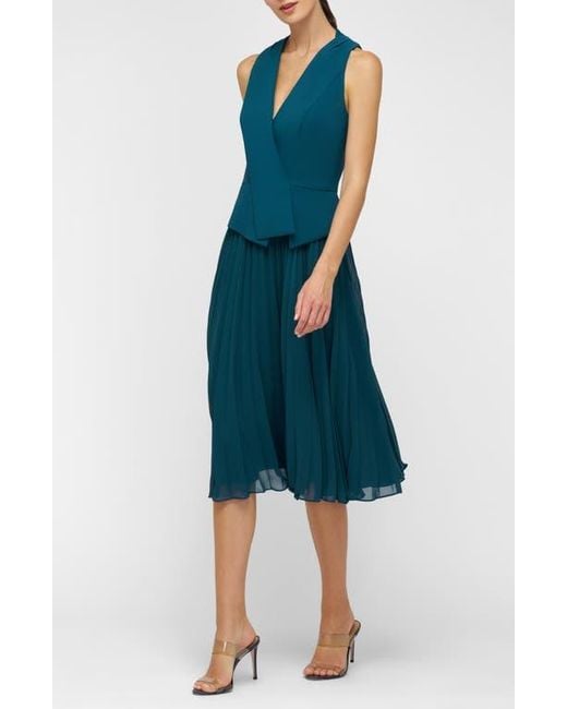 Kay Unger Blue Orella Pleated Mixed Media Cocktail Dress