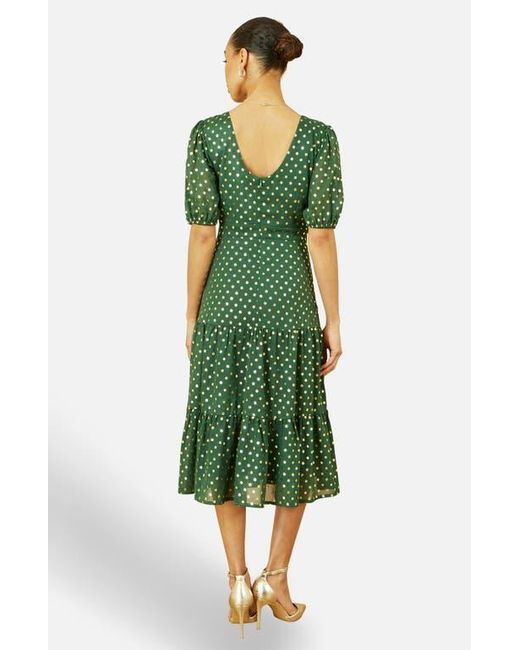 Yumi' Green Foil Spot Midi Dress With Scoop Back