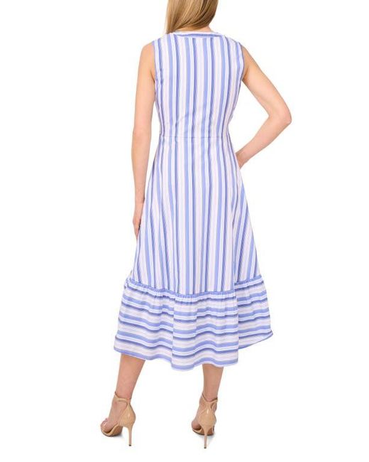 Halogen® Blue Tie Front Stripe Stretch Cotton Blend Midi Sundress