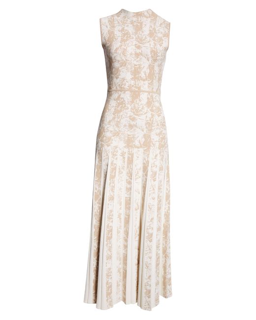 Lela Rose White Floral Stripe Jacquard Pleated Sleeveless Dress