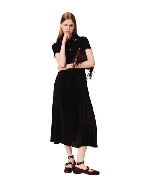 Maje Black Pleated Maxi Dress With Polo Collar