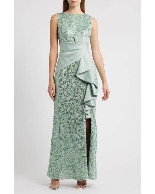 Eliza J Sequin Ruffle Sleeveless Lace Trumpet Gown in Green | Lyst