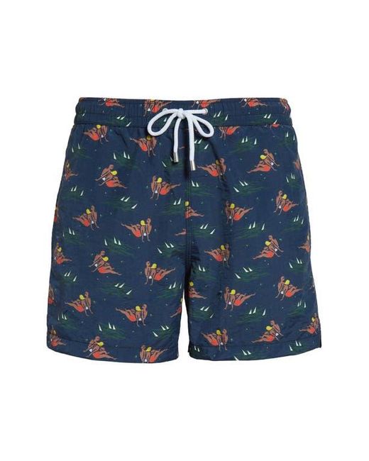 Drake's Blue Bathers Print Drawstring Swim Trunks for men