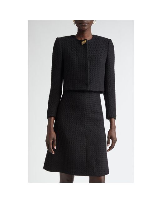 Oscar de la Renta Black Bow Detail Wool Tweed Crop Jacket