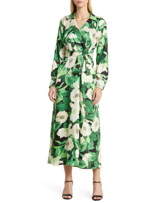 Anne Klein Green Floral Print Long Sleeve Faux Wrap Midi Dress