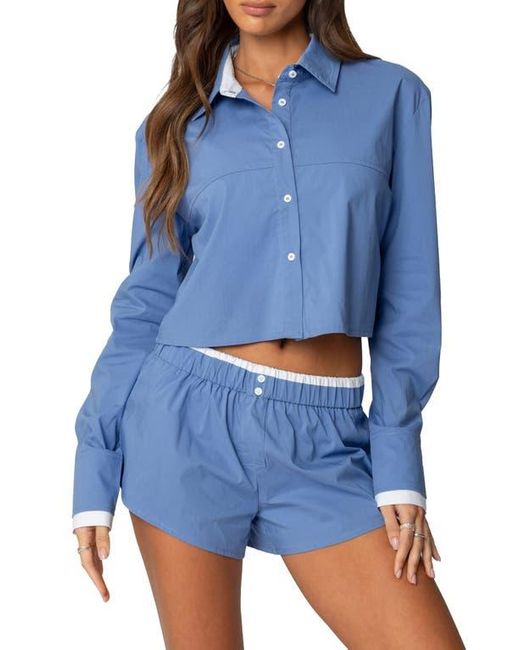 Edikted Blue Danette Crop Cotton Button-Up Shirt