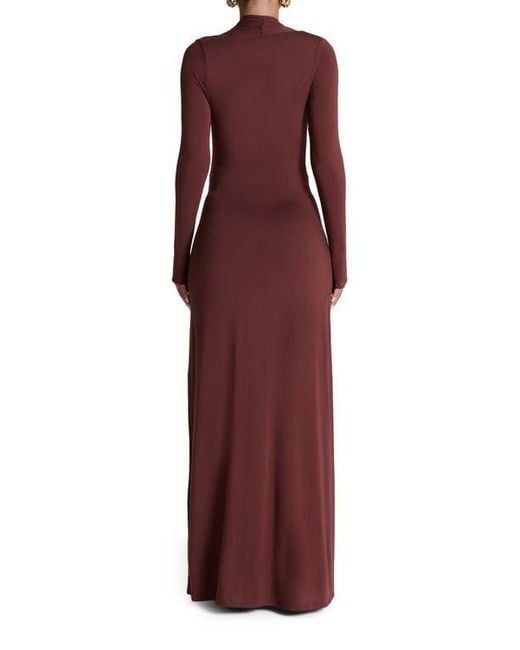Naked Wardrobe Red Plunge Neck Long Sleeve Stretch Jersey Maxi Dress