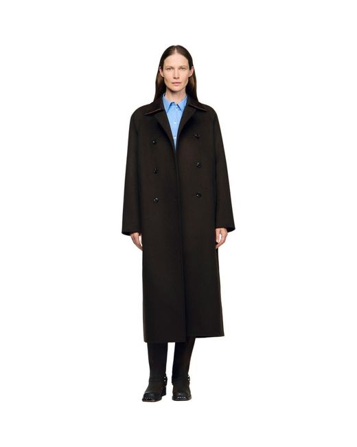 Sandro Black Long Wool And Leather Coat