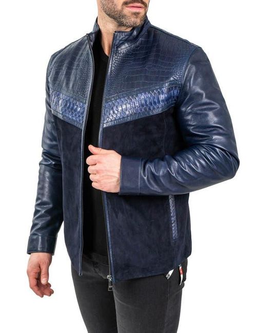 Maceoo Blue Pythonshield Snakeskin Embossed Leather Jacket for men
