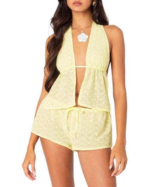 Edikted Yellow Cayenne Eyelet Split Front Halter Top