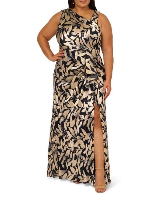 Adrianna Papell Multicolor Asymmetric Metallic Foil Leaf Gown