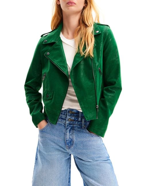 Desigual Harry Faux Leather Moto Jacket in Green | Lyst