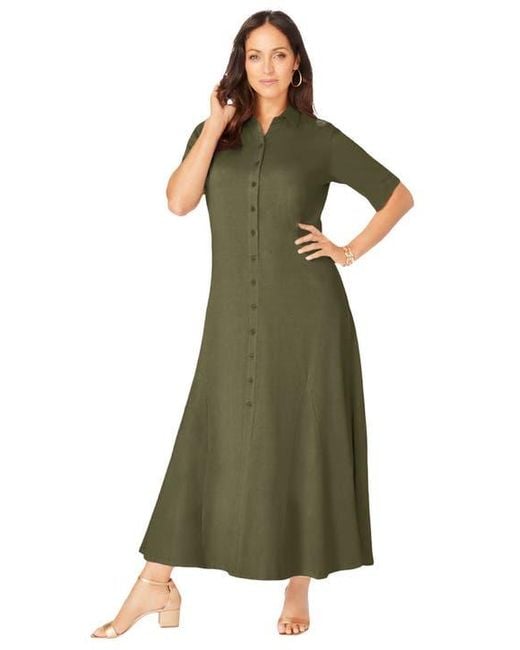 Jessica London Green Stretch Cotton Button Front Maxi Dress