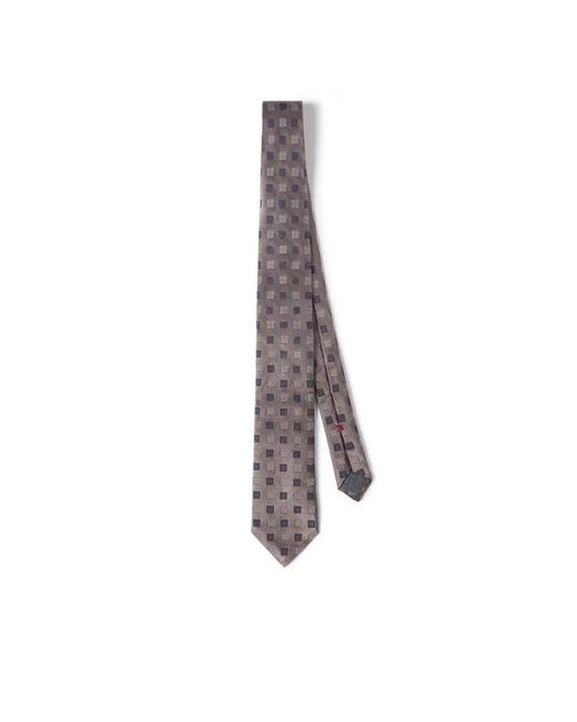 Brunello Cucinelli Gray Silk Tie With Squares Pattern for men