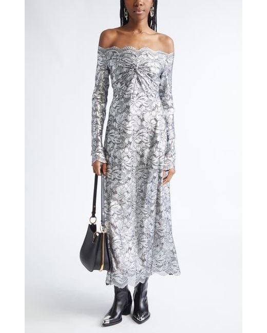 Rabanne Gray Metallic Long Sleeve Stretch Lace Dress