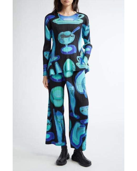 Pleats Please Issey Miyake Blue Thermal Floods Print Pleated Top