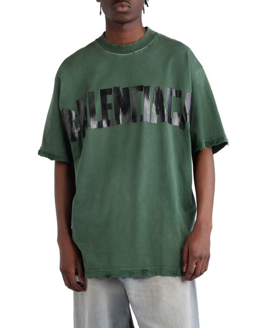 Balenciaga Green Distressed Tape Logo Cotton T-shirt for men