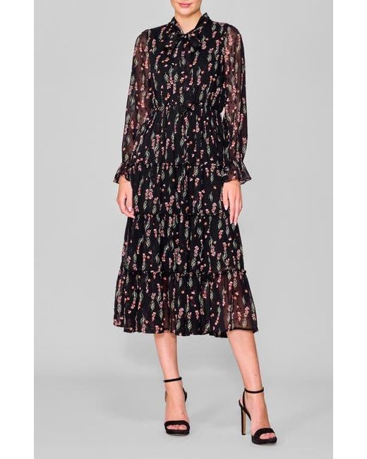 MELLODAY Black Tie Front Long Sleeve Tiered Midi Dress