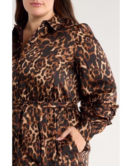 Anne Klein Brown Leopard Tie Waist Long Sleeve Shirtdress