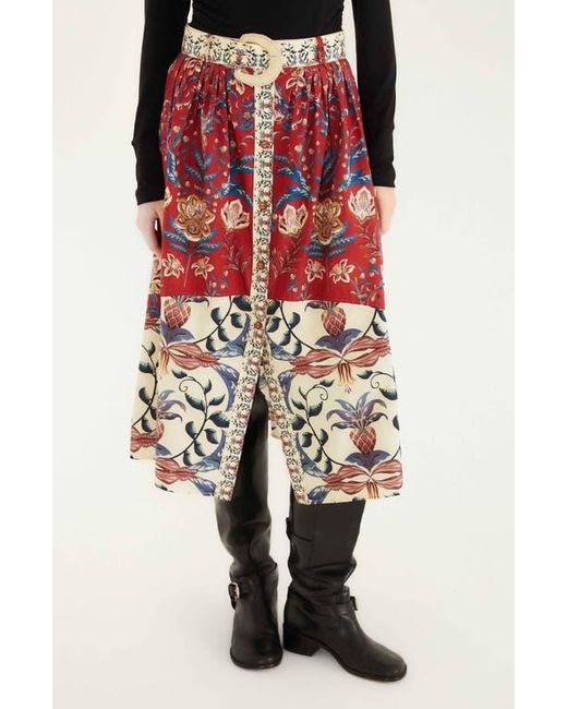 Farm Rio Red Winter Breeze Mixed Print Cotton Skirt