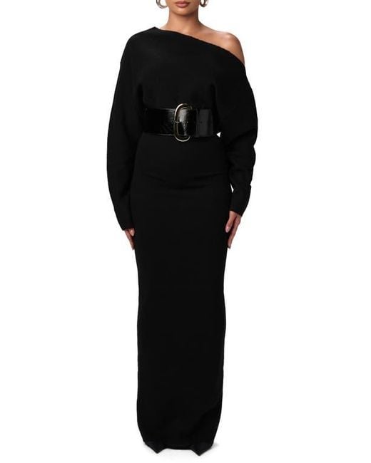Naked Wardrobe Black One-Shoulder Long Sleeve Maxi Sweater Dress