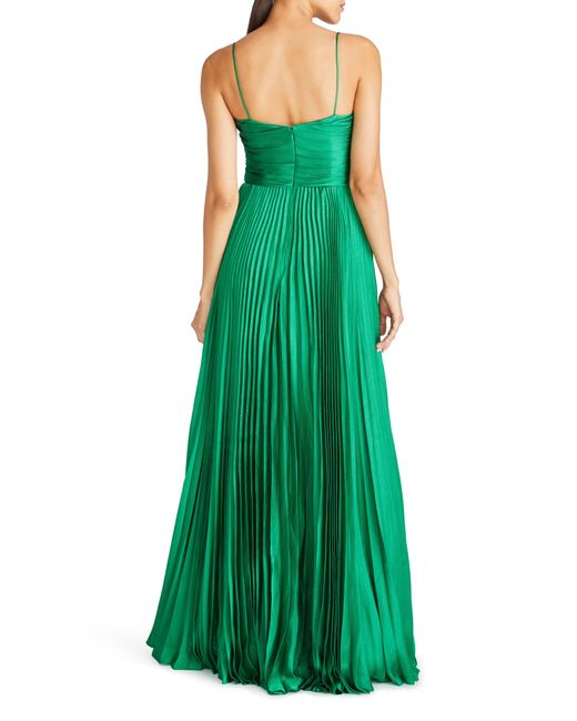 ML Monique Lhuillier Green Helena Pleated Satin Gown