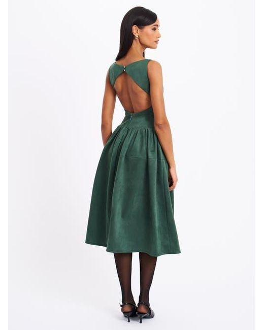 Miss Circle Green Laila Suede Boat Neck Backless Midi Dress