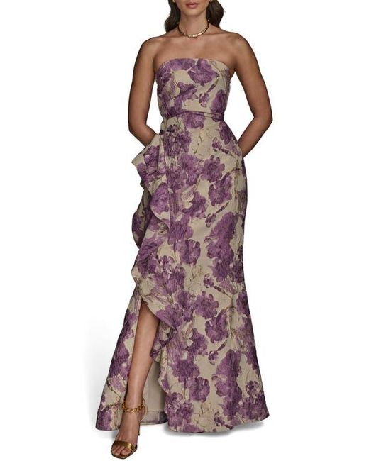 Donna Karan Purple Floral Ruffle Strapless Jacquard Trumpet Gown