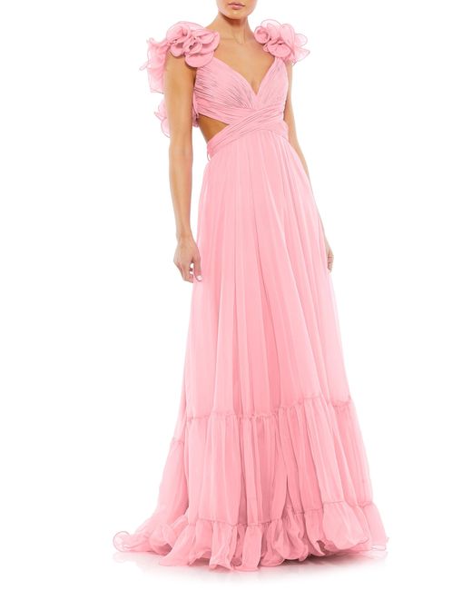 Mac Duggal Pink Rosette Chiffon Cutout Empire Waist Gown