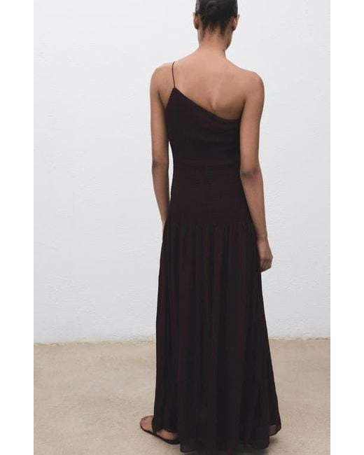 Mango Black Asymmetric Smocked One-Shoulder Midi Dress