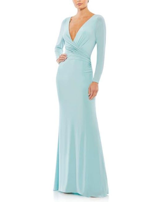 Mac Duggal Blue Long Sleeve Ruched Jersey V-Neck Gown
