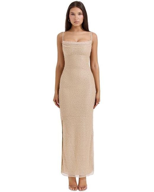 House Of Cb Natural Calla Beaded Mesh Overlay Gown
