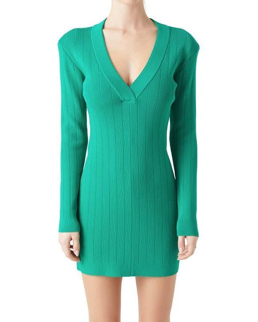 Grey Lab Green Power Shoulder Long Sleeve Knit Minidress