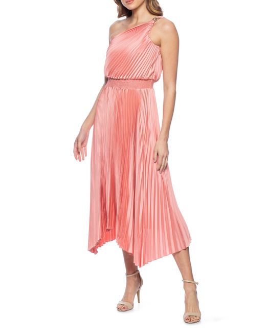 Marina Pink Pleated One-shoulder Handkerchief Hem Cocktail Dress