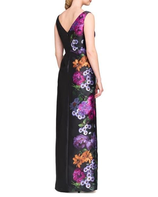 Kay Unger Blue Helene Placed Floral Print Column Gown