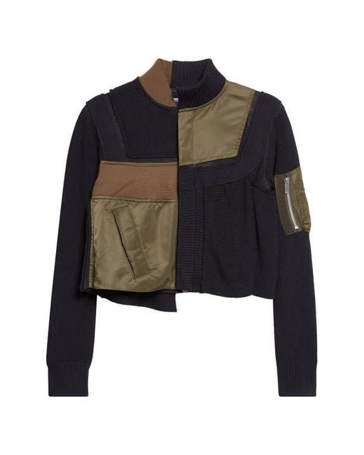 Sacai Black Patchwork Mixed Media Crop Jacket