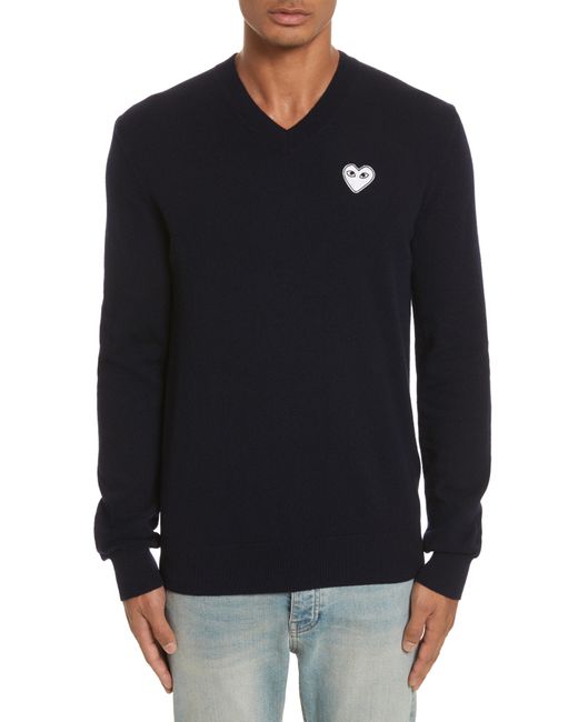 Comme des Garçons Play White Heart Wool V-neck Sweater in Navy (Blue