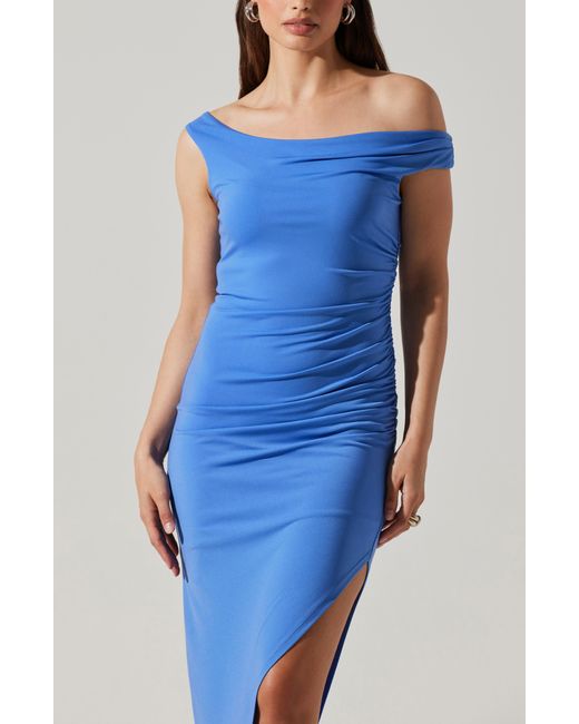 Astr Blue Parisa Ruched One-shoulder Maxi Dress