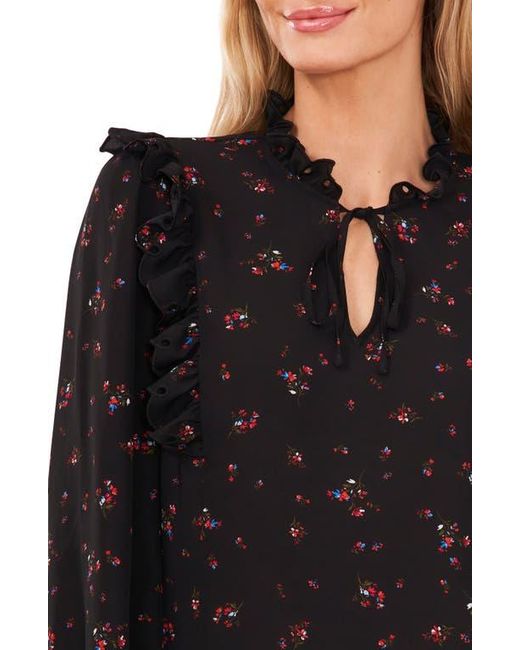 Cece Black Floral Ruffle Split Neck Blouse