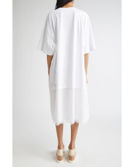 Stella McCartney Lace Trim Mixed Media T-Shirt Dress in White | Lyst