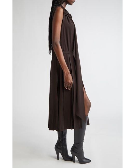 Michael Kors Brown Pleated Tie Neck Sleeveless Silk Shirtdress