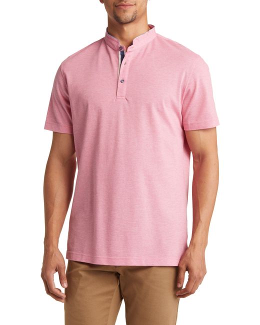 Lorenzo Uomo Pink Trim Fit Band Collar Cotton Polo for men