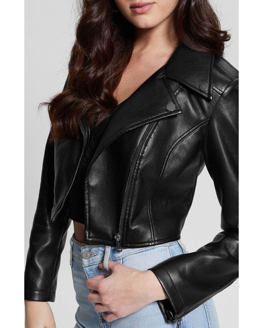 Guess Black Rochelle Faux Leather Crop Moto Jacket