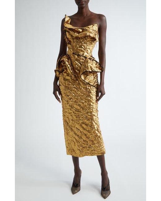metallic crinkled jacquard dress Asymmetric Button Detailed Metallic Crinkled Jacquard Dress