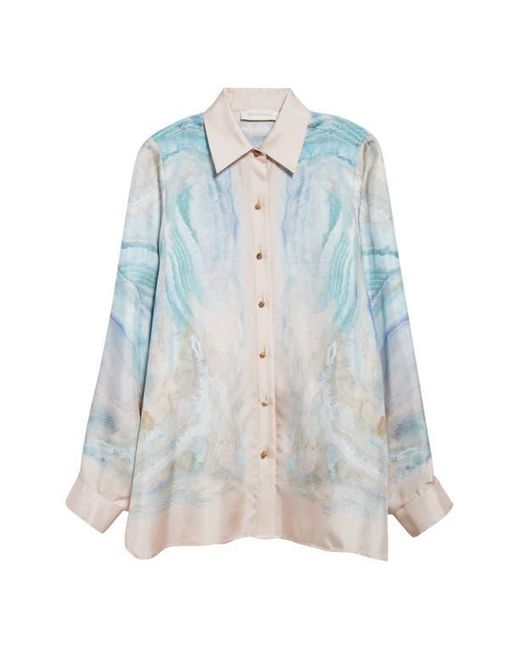 Zimmermann Blue Agate Print Silk Button-Up Shirt