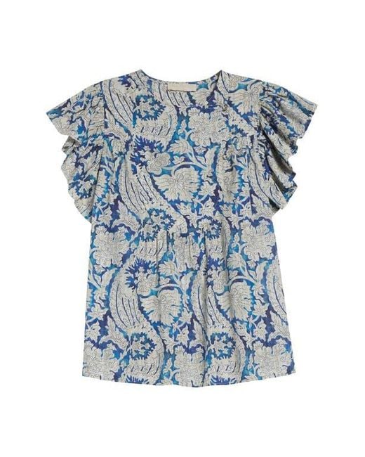 Ulla Johnson Blue Sienna Flutter Sleeve Top