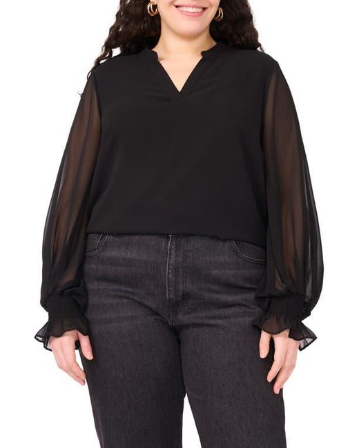Vince Camuto Black Split Neck Sheer Long Sleeve Chiffon Top