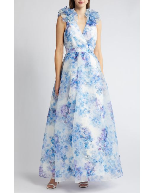 Julia Jordan Blue Ruffle Floral Gown