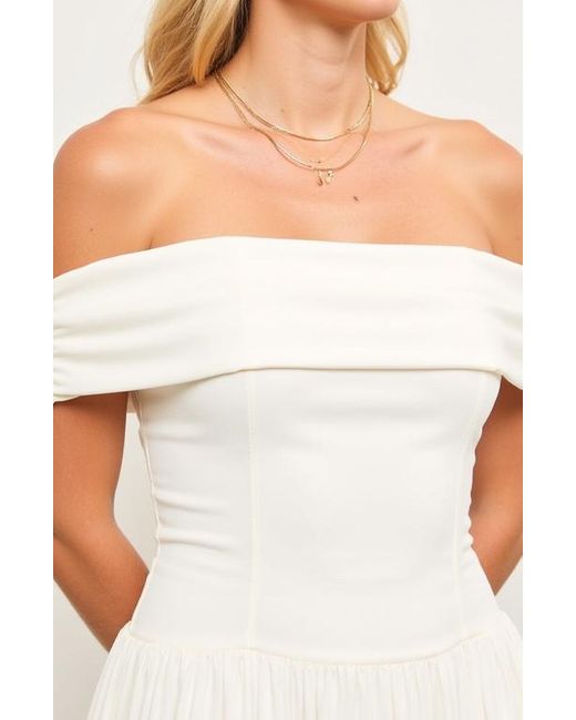 Modenaire White Off-Shoulder Ruched Bodice Mini Dress With Flowy Skirt