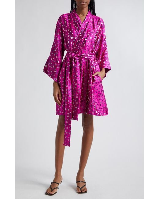 La Vie Style House Pink Floral Jacquard Long Sleeve Wrap Minidress